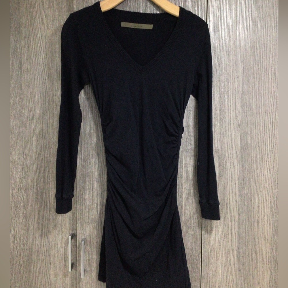 Enza Costa Black V-Neck Ruched Long Sleeve Midi Dress